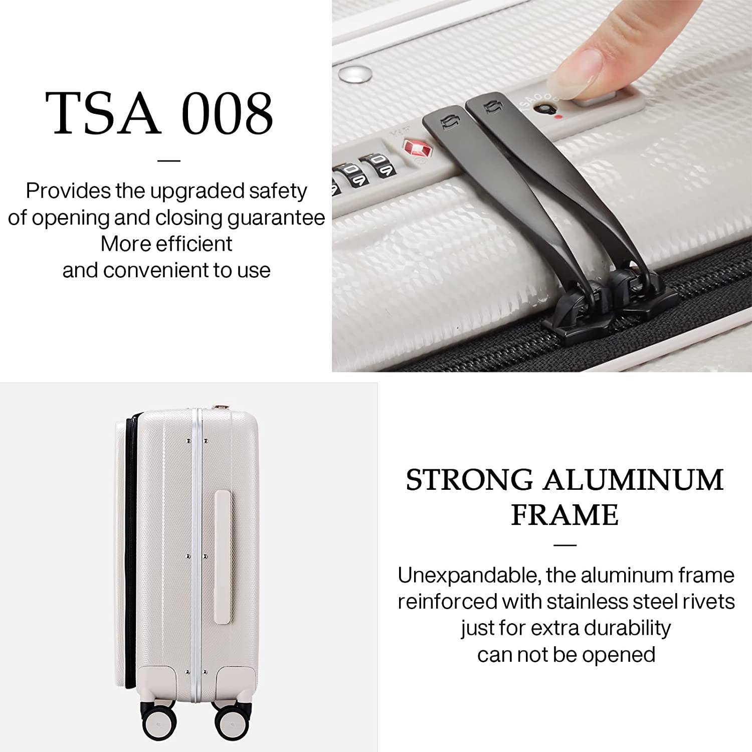 Hanke Carry On Luggage, Suitcase with Wheels & Front Opening, 20in Spinner Luggage Built in TSA Aluminum Frame PC Hardside Rolling Suitcases Travel Bag - Ivory white - Image 8